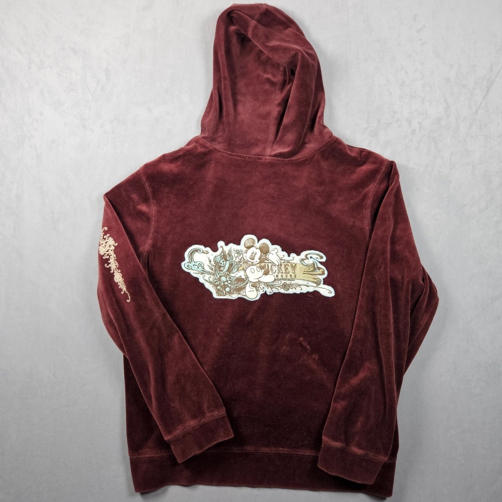 Disney Hoody Womens XL Mickey 1928 Red Full Zip Sweatshirt Red Velour Embroidery - Picture 2 of 11